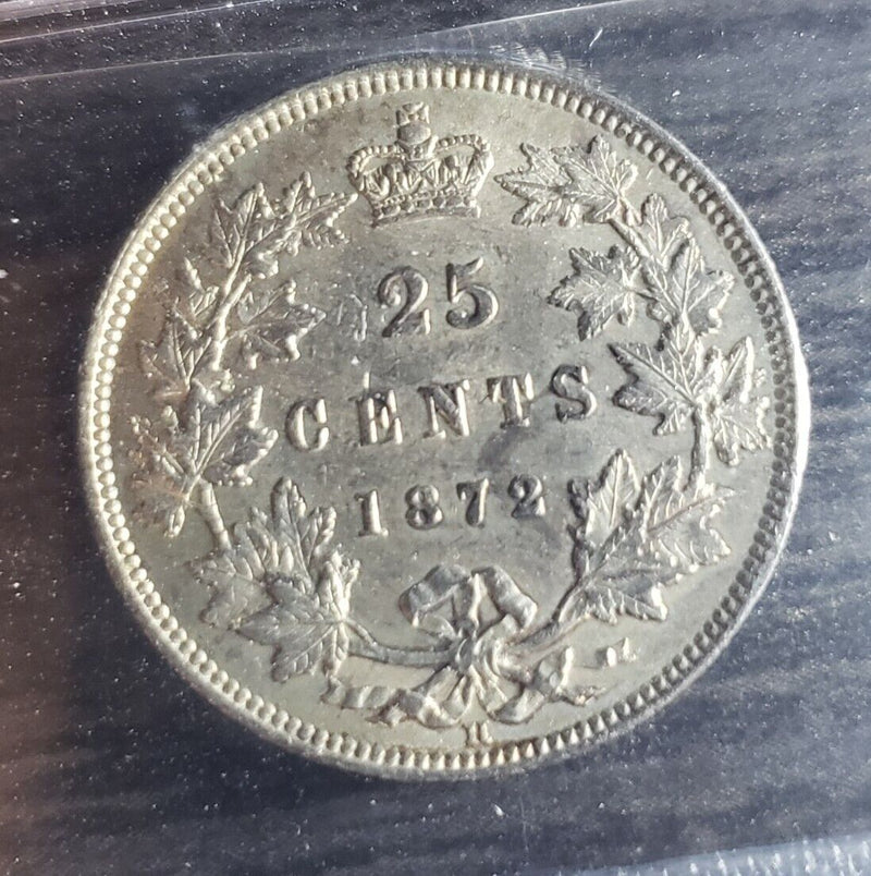 1872H 25 Cent Coin - Canada | ICCS MS62 | Obv 2