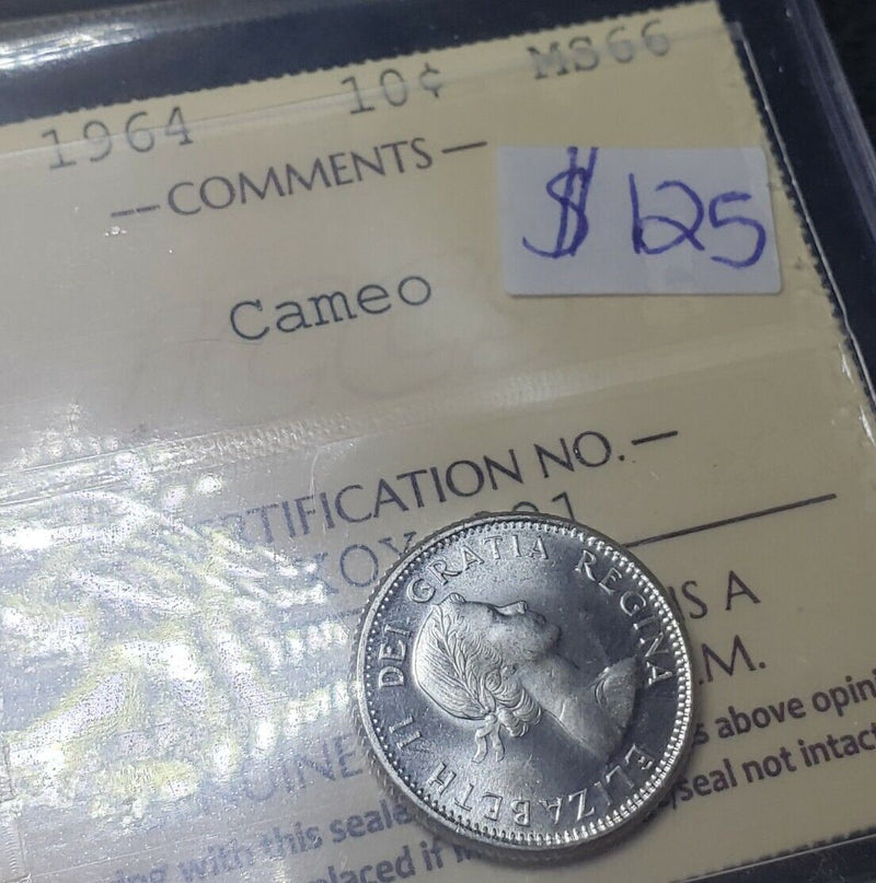 1964 10 Cent Silver Coin | ICCS Graded MS66 Cameo