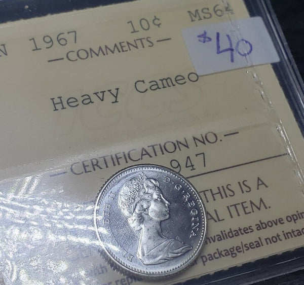 1967 10 Cent silver coin - Canada | Graded MS64 Heavy Cameo