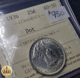 1936 25 Cent Coin | Scarce '36 Dot | Graded Au-50