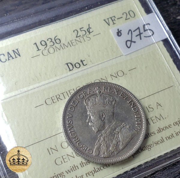 1936 25 Cent coin | Scarce DOT variety | Graded VF-20