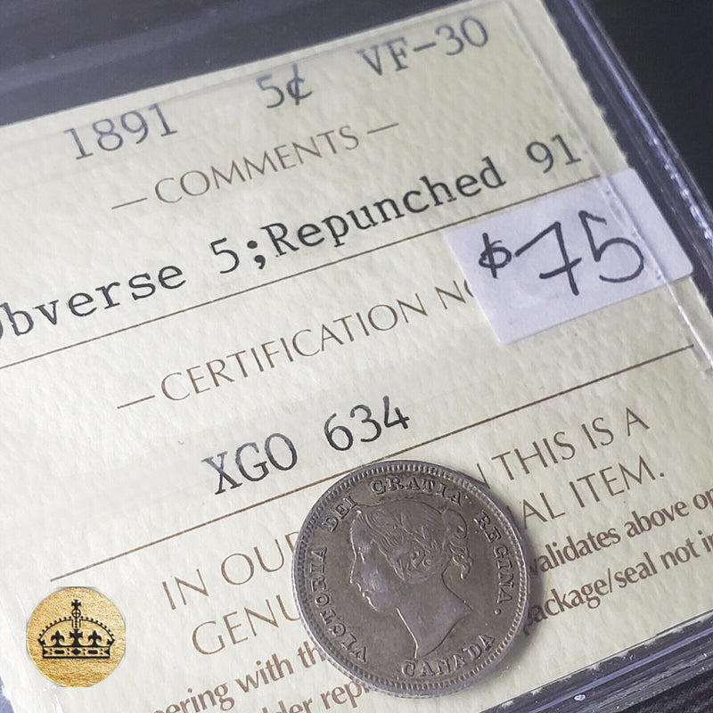 1891 5 Cent coin | Scarce re-punched 91 | Graded VF-30