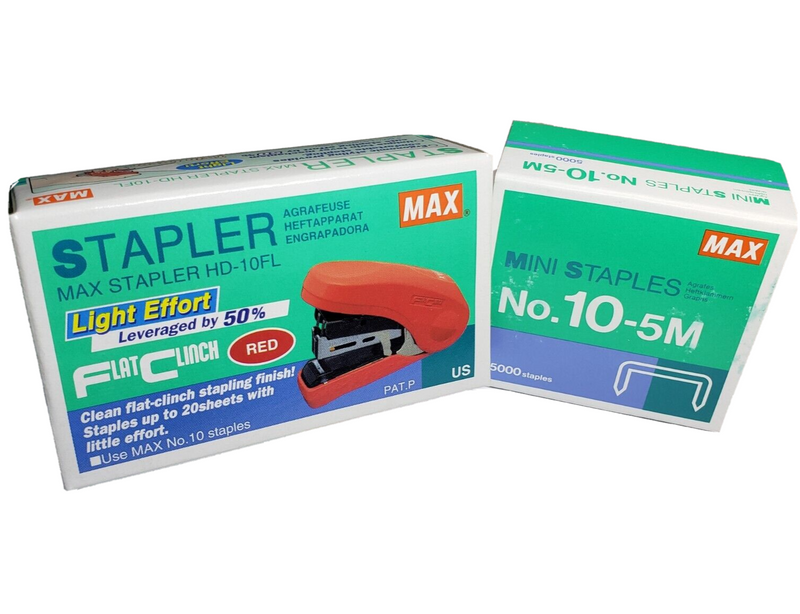 MAX Flat Clinch Stapler Bundle - RED + 5000 Staples | 2x2 Stapler